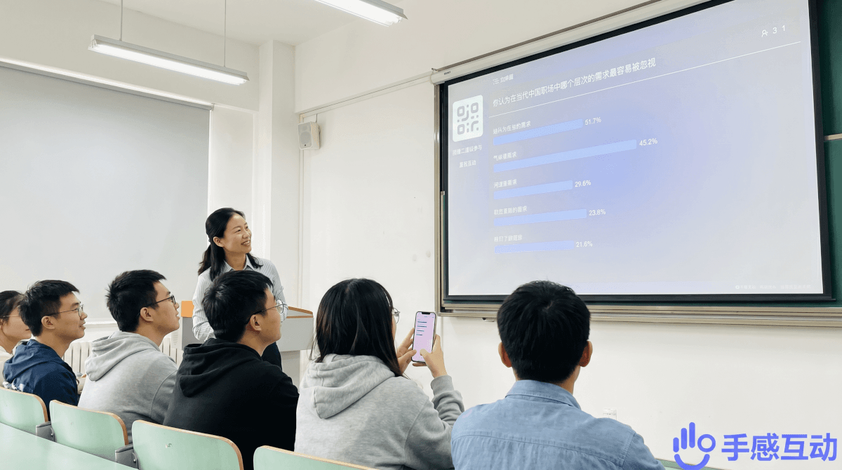 大学课堂上老师微笑看着大屏投票结果,学生们举着手机轻松参与互动