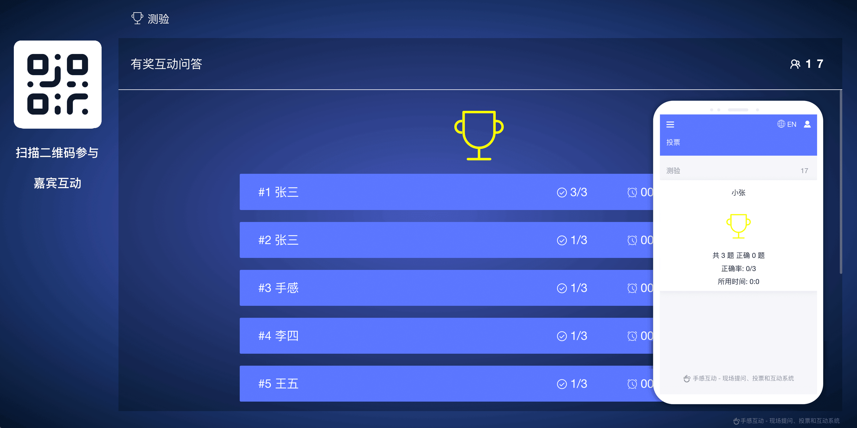 手感互动测评测验功能效果图：大屏答题排行榜与手机端个人成绩界面