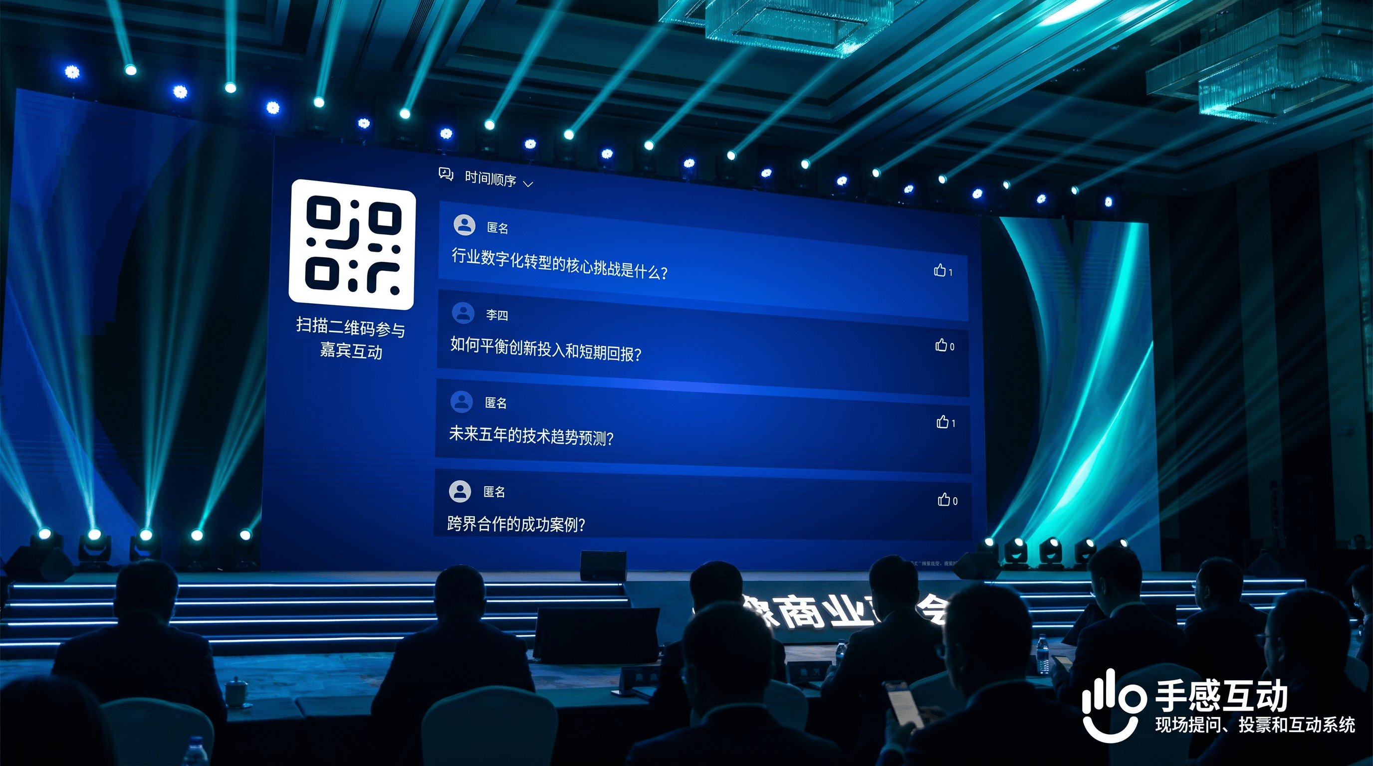 行业峰会现场,大屏展示现场提问墙,参会者通过手机匿名提交问题