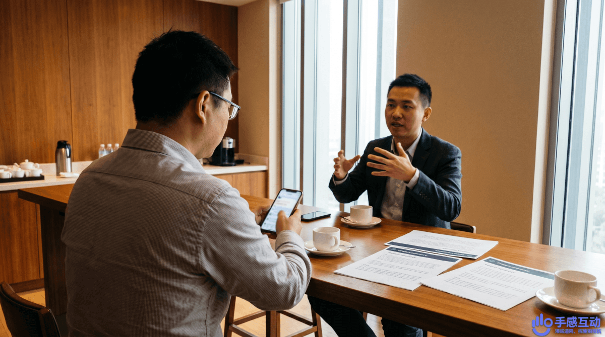 路演茶歇间隙，一位投资人站在休息区回看手机上的项目评分数据