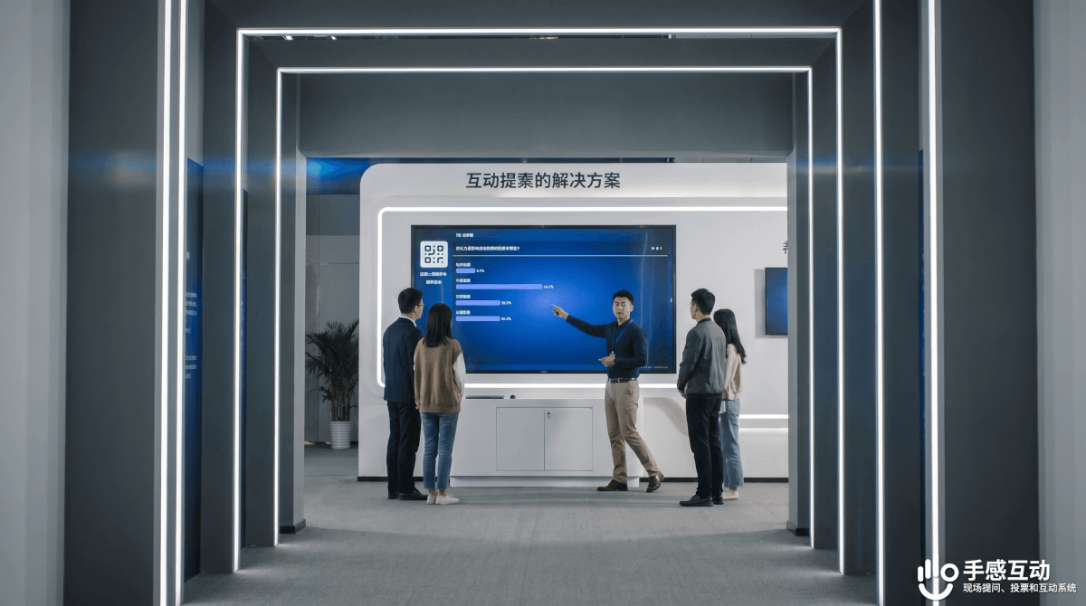 展览中心入口走廊视角,可以看到里面的大屏互动展区,展台大屏展示实时投票互动界面